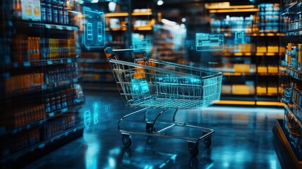A shopping cart surrounded by interactive holographic product previews and digital price tags, ultra detailed