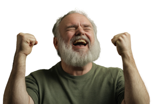 Portrait of delighted positive person closed eyes raise fists shout yeah isolated PNG

