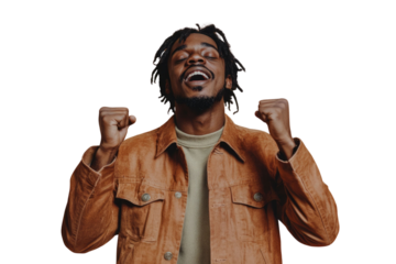 Portrait of delighted positive person closed eyes raise fists shout yeah isolated PNG

