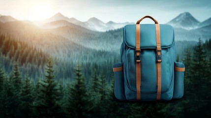 Outdoor equipment sale ad, scenic forest background with rugged backpack, clean design for sale message, professional and adventurous