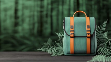 Outdoor equipment sale ad, scenic forest background with rugged backpack, clean design for sale message, professional and adventurous