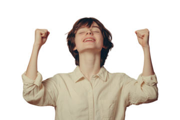 Portrait of delighted positive person closed eyes raise fists shout yeah isolated PNG