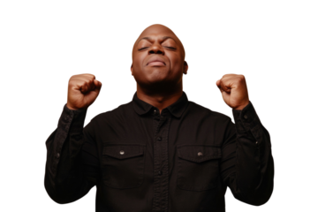 Portrait of delighted positive person closed eyes raise fists shout yeah isolated PNG

