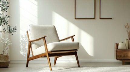 Fototapeta premium Sunlit Minimalist Interior with Mid-Century Modern Armchair