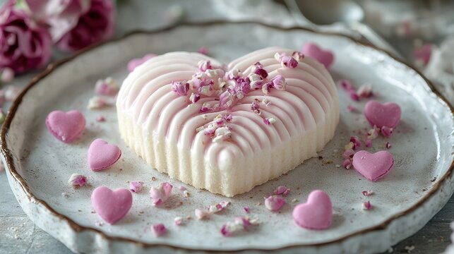 A delightful heart-shaped cake sits on a plate, adorned with charming pink flowers, radiating love and sweetness perfect for Valentine's Day celebrations.