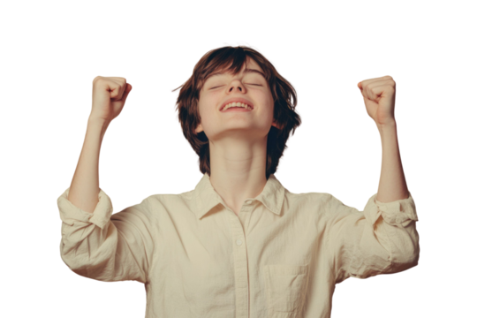Portrait of delighted positive person closed eyes raise fists shout yeah isolated PNG

