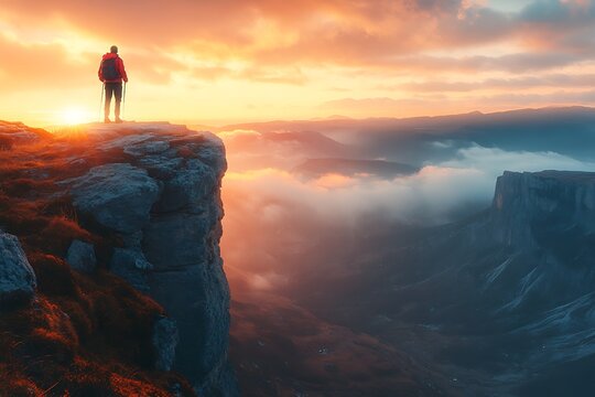 Hiker sunset mountaintop view, cloudscape background, travel adventure