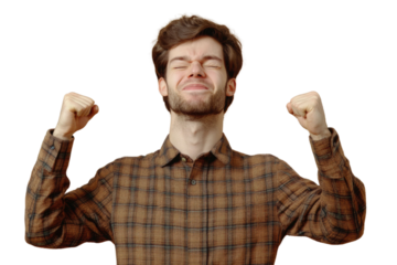Portrait of delighted positive person closed eyes raise fists shout yeah isolated PNG

