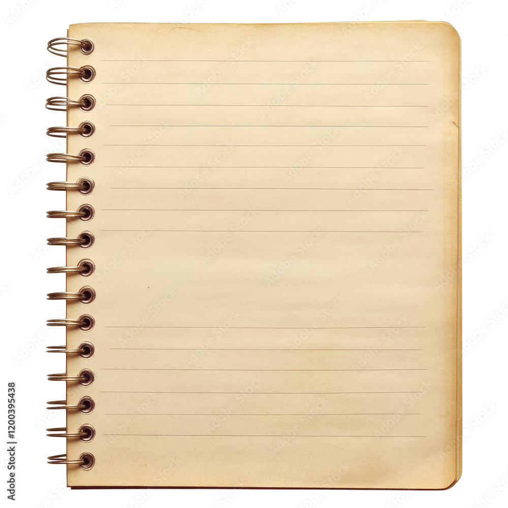 Poster blank notebook paper with a ring spine ready for notes or drawings on a transparent background, blan