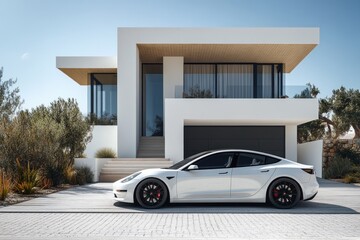 Sleek White Car Parked in Front of Modern Minimalist House with Large Garage Door on Sunny Day