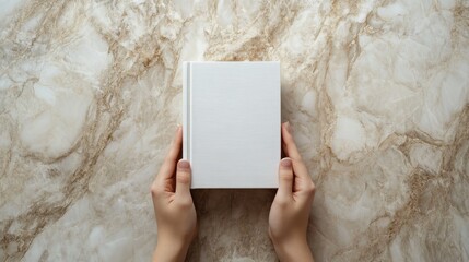 An 8K resolution, ultra-detailed image of hands gently cradling a plain white book against a background of polished marble