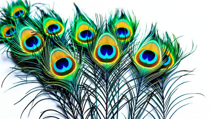 Obraz premium Colorful peacock feathers arranged neatly with vibrant patterns and textures reflecting natural beauty