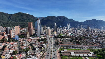 Obraz premium Bogota Skyline In District Capital Colombia. Metropolis Downtown District. Stunning Cityscape. Offices Buildings. Bogota Skyline In District Capital Colombia. Skyscrapers Scenery. Outdoor Skyline.