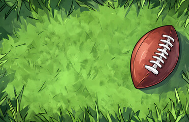 A cartoon American football on the grass, in the style of a cartoon, with simple lines, a flat illustration, on a green background