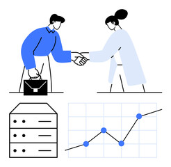 Two professionals shaking hands, briefcase in hand, with a line graph and server icon nearby. Ideal for partnerships, collaboration, data management, analysis, team success, growth metrics abstract