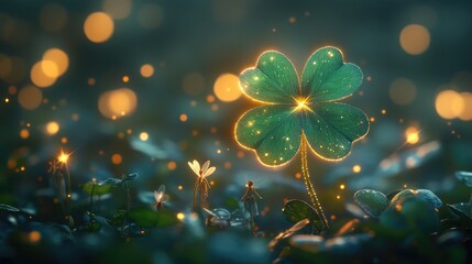 Luminous Four-Leaf Clover in Night Field