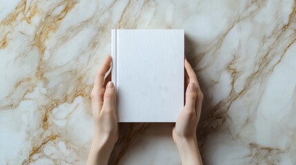 High-resolution 8K image of hands holding a plain white book against a background of polished marble, The marble features deep veins and smooth textures