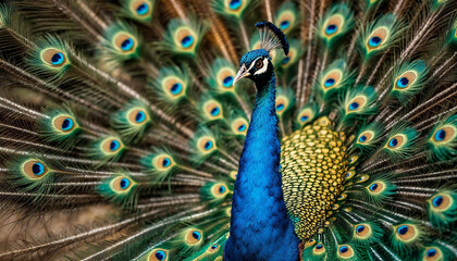 Fototapeta premium Colorful peacock displaying its vibrant feathers in a lush garden during daytime