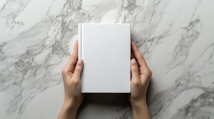 High-resolution 8K image of hands supporting a closed book with a plain white cover, The background features a photorealistic