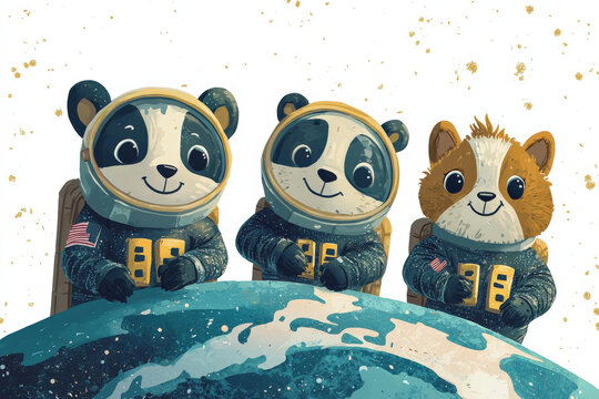Astronaut pandas and a dog sit at a table on a planet