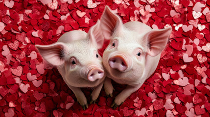 Photo of two funny pigs for Valentine's Day. pig lies on a red background of hearts with space for text