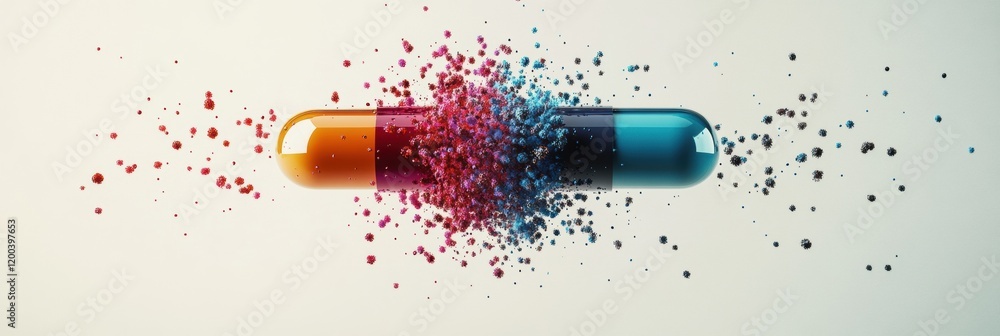 Poster colorful particles burst from a split capsule in an artistic display of science and creativity. gene