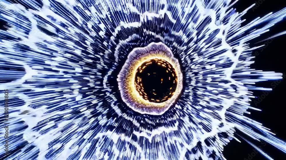 Poster explosive abstract burst of luminous white and blue particles with a glowing golden core on a dark b