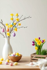Easter spring decoration with yellow daffodils and colorful eggs. Festive table setting with white vase, wooden bowl and pastel holiday decor. Modern minimal style with copy space