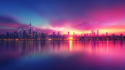 Vibrant Cityscape at Sunrise with Fireworks