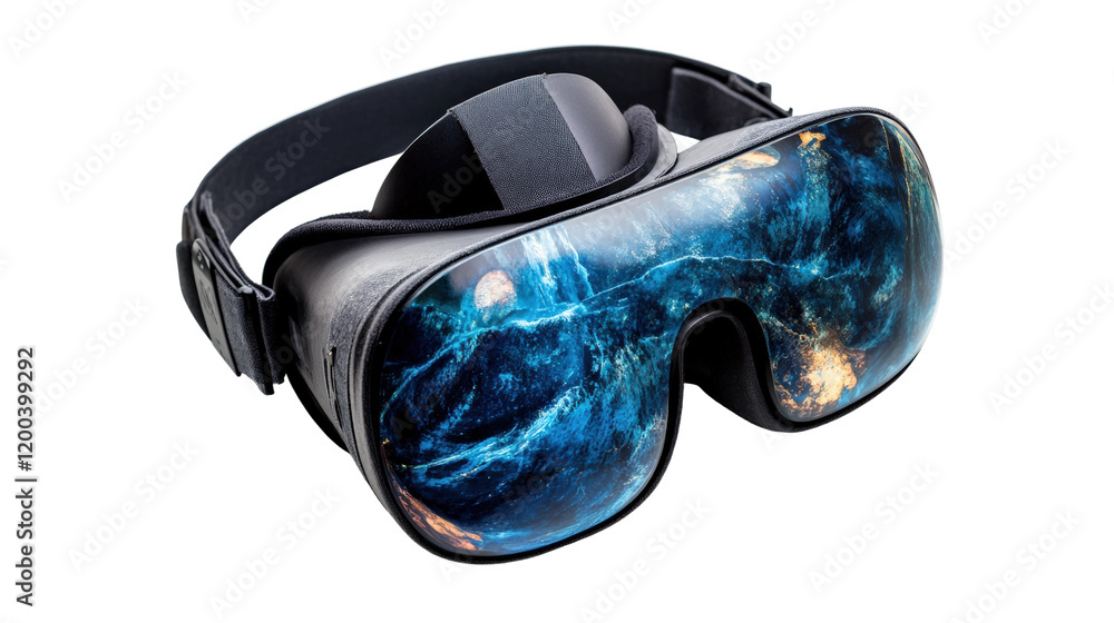Poster advanced virtual reality headset showcasing immersive galaxy visuals in tech demonstration isolated 