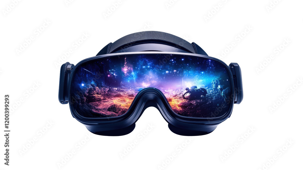 Poster virtual reality headset showcasing an immersive cosmic experience in a futuristic setting isolated o