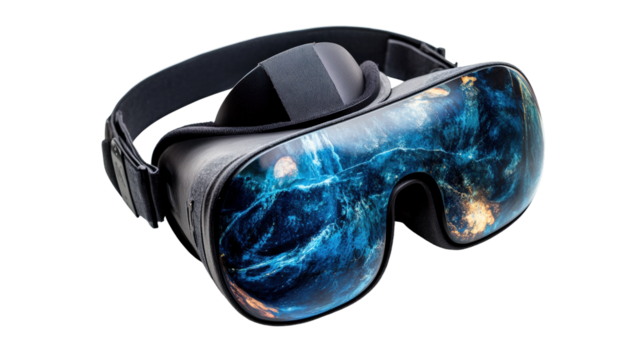 Advanced virtual reality headset showcasing immersive galaxy visuals in tech demonstration isolated on transparent background