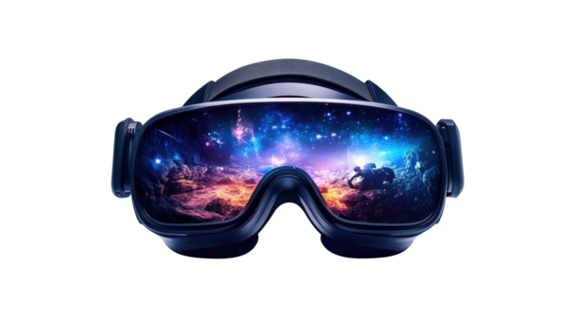 Virtual reality headset showcasing an immersive cosmic experience in a futuristic setting isolated on transparent background