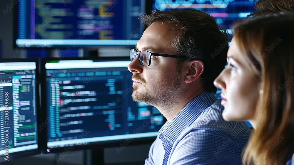 Poster collaborative startup team working to solve code issues