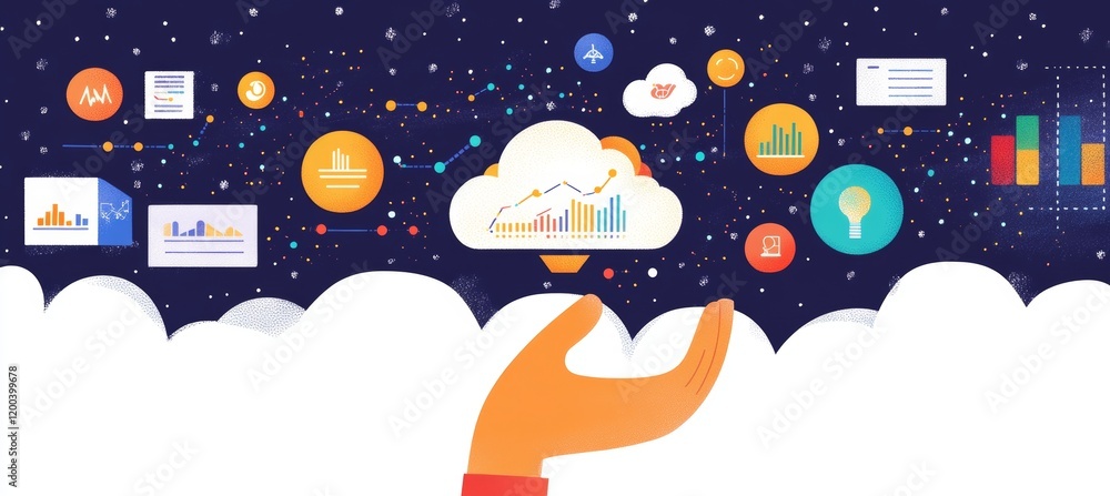 Poster a worker in the business field handling business analytics and big data analysis technology, symboli