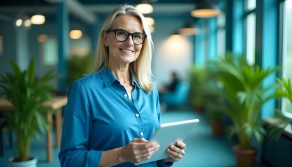 Woman in glasses with a tablet computer in blue office with plants