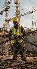 Construction worker in yellow hard hat and safety vest working with steel reinforcement at construction site
