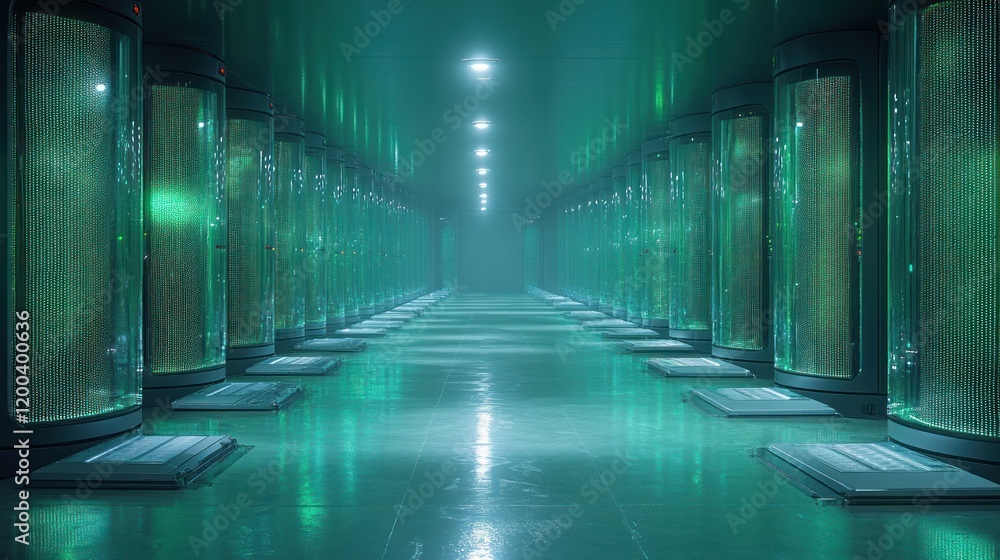 Poster Futuristic Data Center with Neon Lights and Streams of Data Showcasing Technology and Innovation