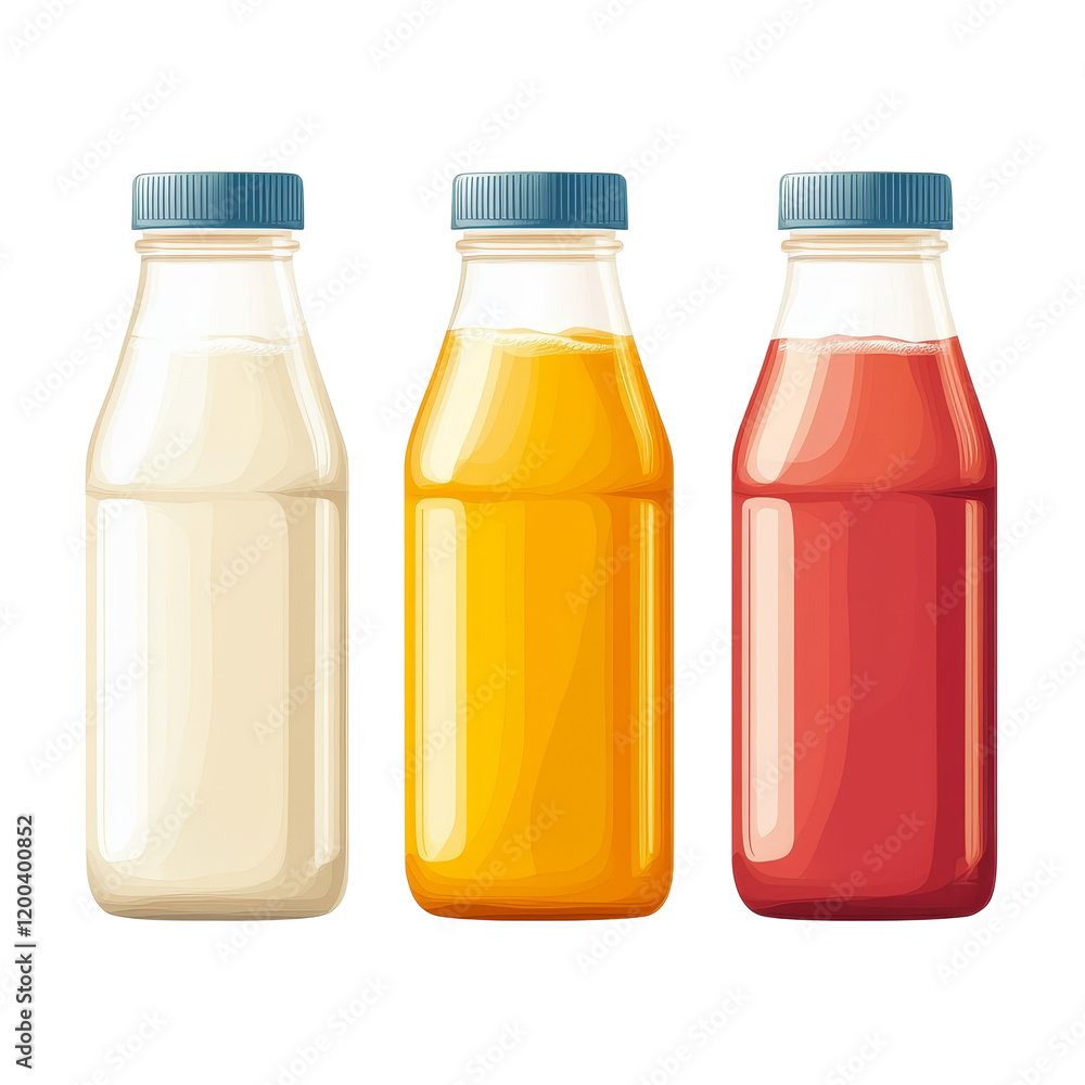 Poster various bottles of milk and juice packaging displayed in a clean, isolated environment for visual cl