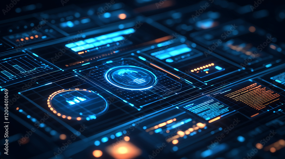 Poster futuristic digital interface data analytics, graphs, and system monitoring