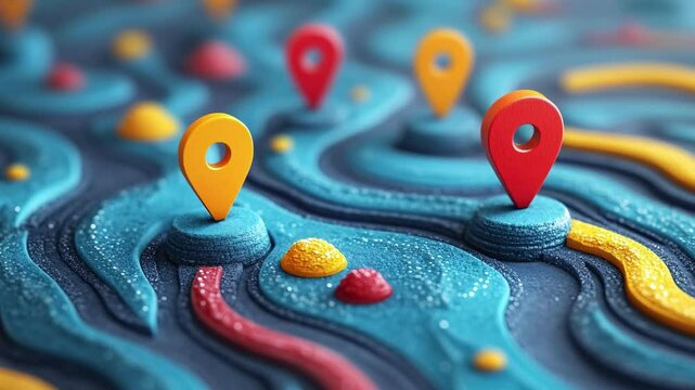 Abstract customer journey concept with colorful location markers on a winding path, symbolizing progress and transformation in business.