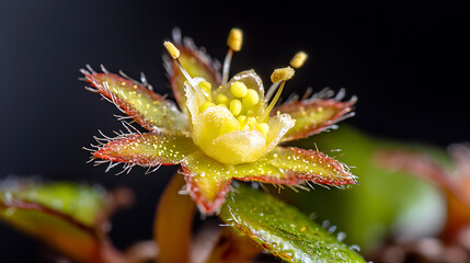close up photograph of vibrant yellow flower with red edges, showcasing delicate petals and intricate details. flower is surrounded by green
