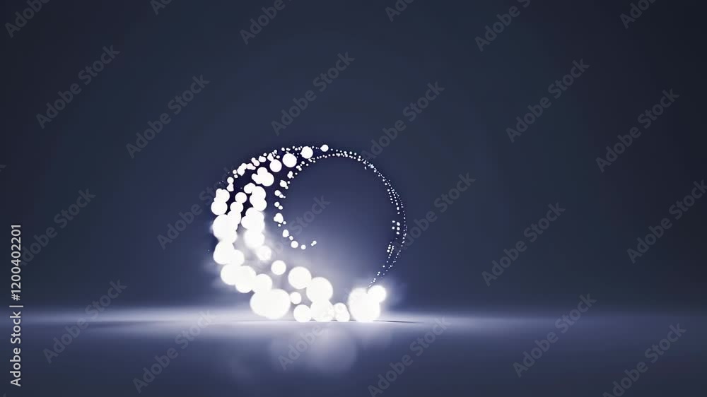 Poster abstract circular formation of glowing white particles on a dark gradient background