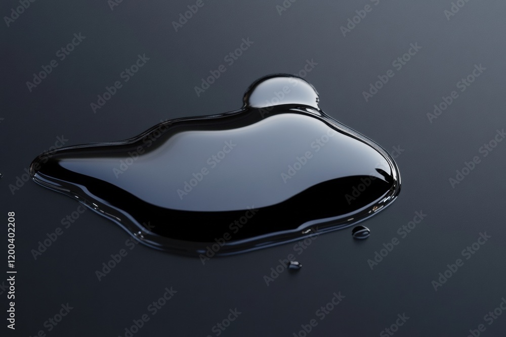 Poster shiny black oil puddle reflecting light in a dark environment on a smooth surface. generative ai