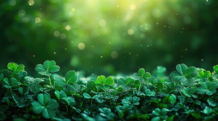 Fototapeta premium Lush Green Clover with Sunlight and Dew Drops