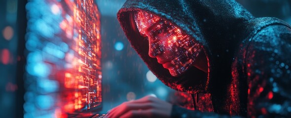 Hooded Figure Hacking Computer in Cyberpunk Style with Blue Neon Lights and Data Streams Reflection