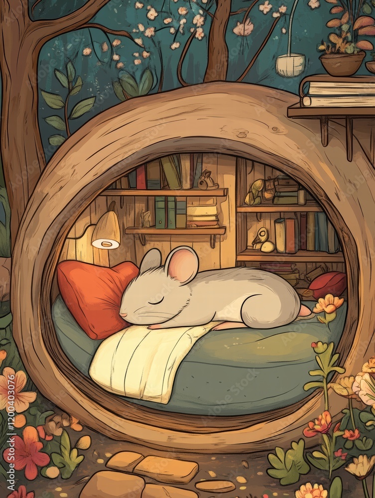 Poster cozy mouse nestles in a soft bed surrounded by flowers in a whimsical forest setting during a serene