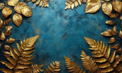 Luxurious Botanical Artwork with Golden Ferns on Deep Teal Background Art Deco Style