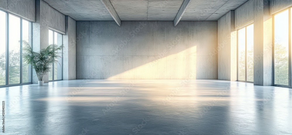 Poster spacious empty hall with concrete walls and large windows in minimalist style