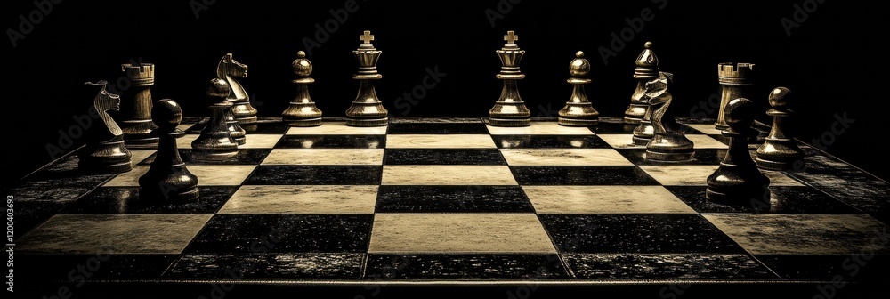 Poster Unique chess set displayed on an elegant board with dramatic lighting highlighting the pieces and their arrangement. Generative AI
